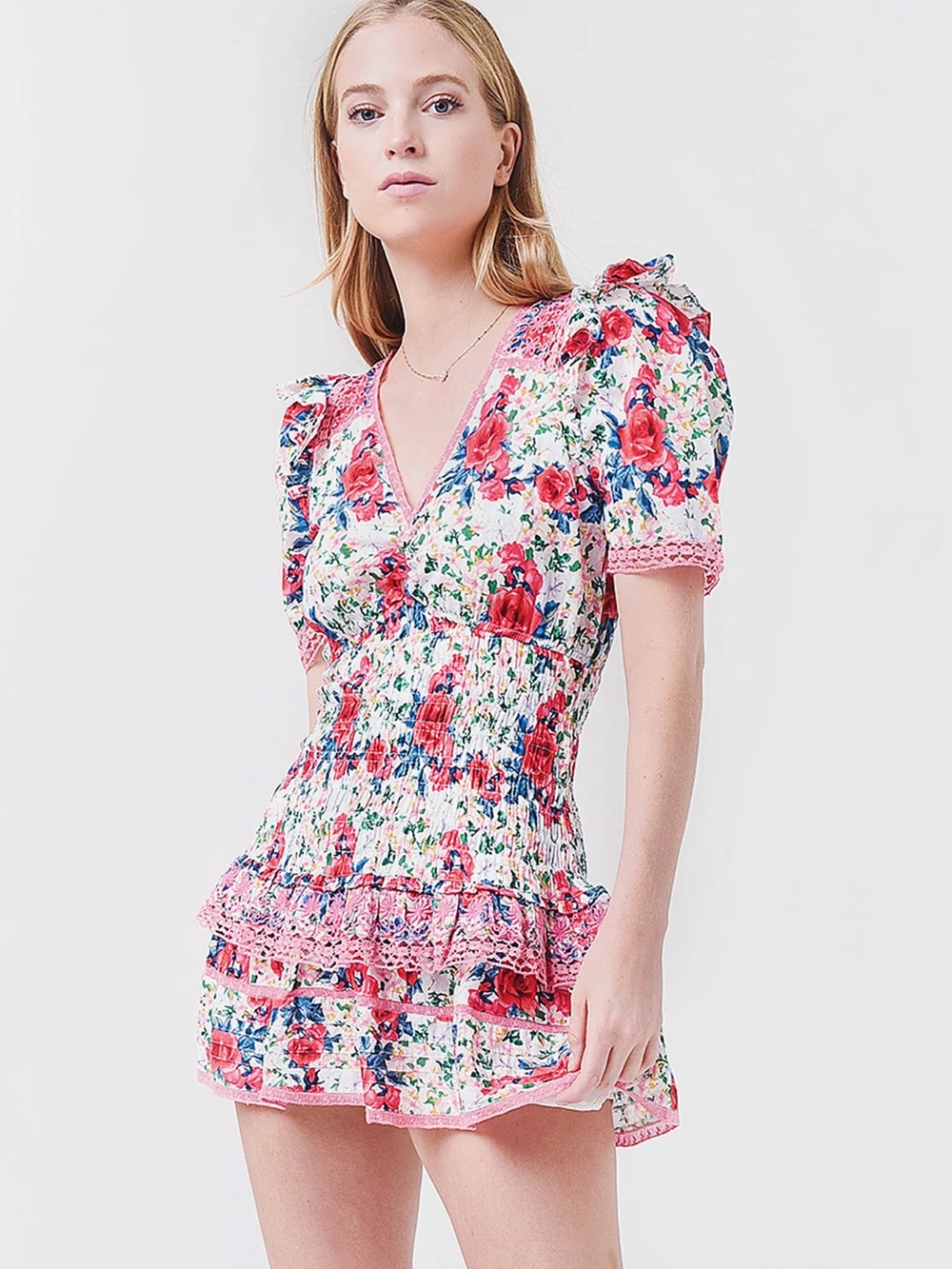 LOVESHACKFANCY Rena Floral V-Neck Mini Dress Rush Of Red Size Small
